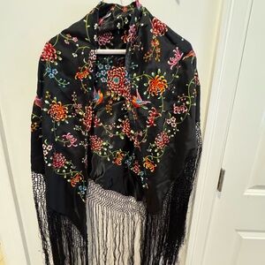 Floral Embroidered Black Shawl with Fringe